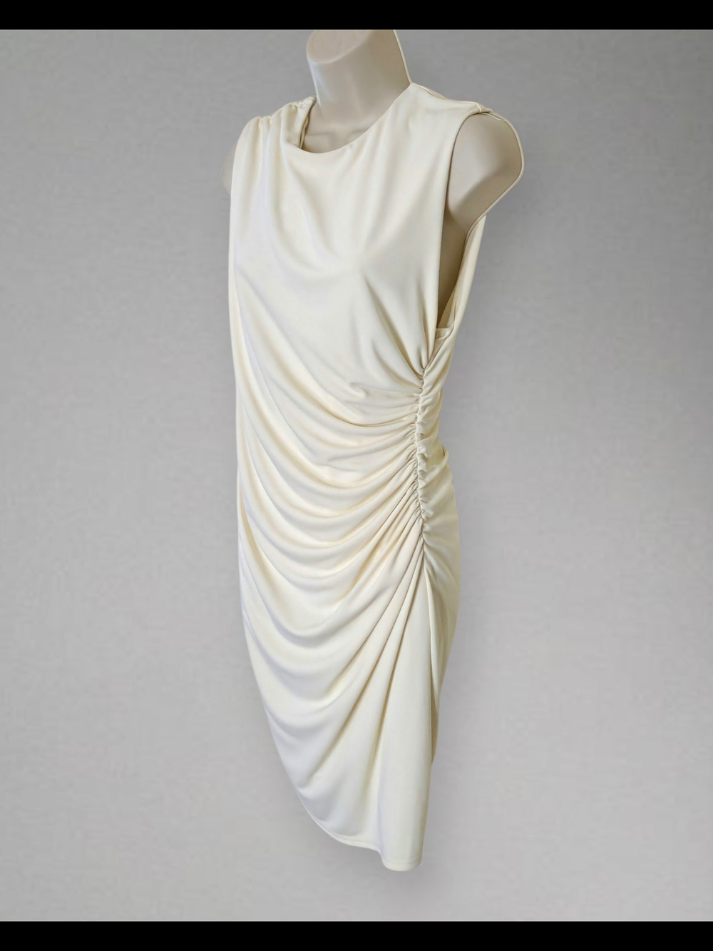 Zara Womens Cream Draped Midi Dress with Side Ruching Size XL - Picture 4 of 9